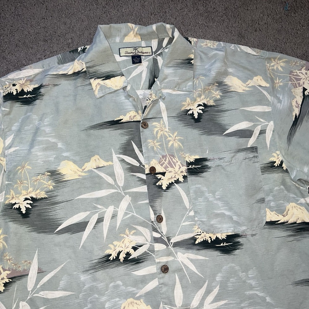 Tommy Bahama Button Up Adult Large Green Floral Hawaiian Tropical Silk Mens